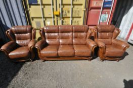 A MODERN BROWN LEATHER THREE PIECE LOUNGE SUITE, comprising a three seater sofa, length 199cm x