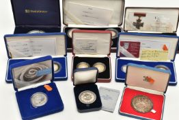 A QUANTITY OF SILVER COINS AND MEDALS, to include a cased Westminster 1996 St Helena sterling silver