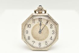AN OPEN FACE ELGIN POCKET WATCH, octagonal outline with black Arabic numerals, engine turned and