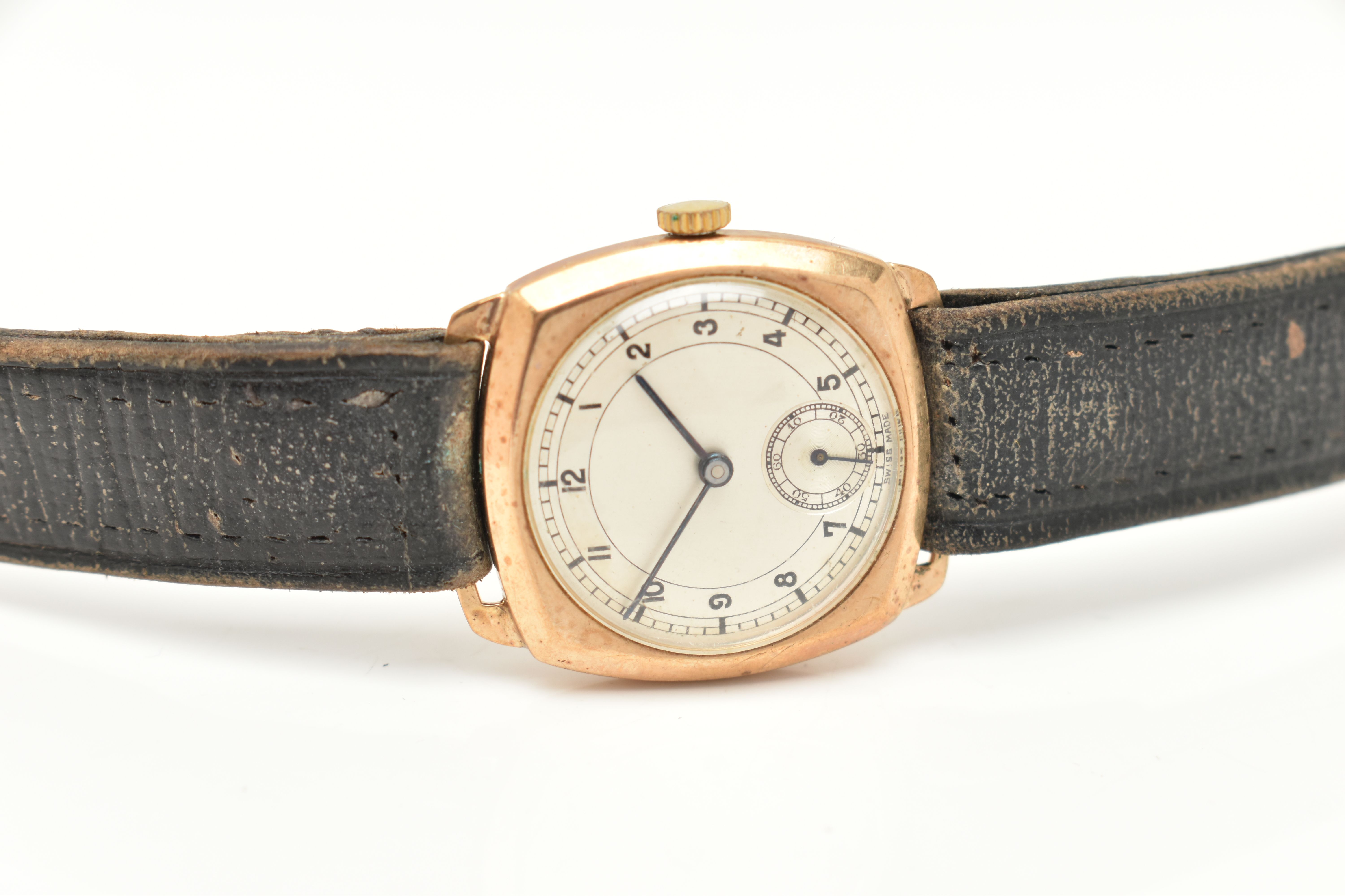 A GENTS 9CT GOLD WRISTWATCH, manual wind, round silver Arabic numeral dial, subsidiary dial at the - Image 4 of 6