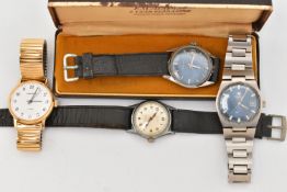 FOUR GENTS WRISTWATCHES, to include a 'Tissot, PR 5/6' manual wind watch, round blue dial with baton