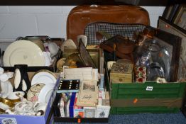 FIVE BOXES AND LOOSE MISCELLANEOUS ITEMS to include a tray of card games and packs of cards, an
