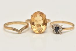 THREE 9CT GOLD RINGS, the first set with an oval cut citrine in a four claw setting, open work