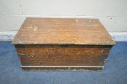 A VINTAGE PINE BLANKET CHEST, with a hinged lid and twin metal handles, width 87cm x depth 47cm x