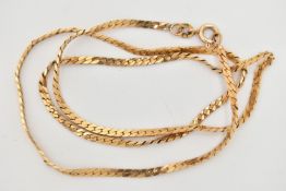 A YELLOW METAL CHAIN NECKLACE, a flat herringbone chain, fitted with a spring clasp, approximate