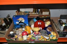 FOUR BOXES OF COLLECTABLES, AVON BOTTLES, BOOKS AND TOYS, to include a printing block for an