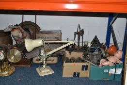 FIVE BOXES AND LOOSE METAL WARE, RECORDS AND SUNDRY ITEMS, to include a cream Anglepoise lamp
