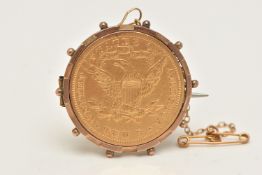 A MOUNTED TEN DOLLAR 1881 COIN, mounted in yellow metal with beaded detail, fitted with a base metal