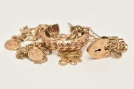 A SMALL ASSORTMENT OF YELLOW METAL JEWELLERY, to include a curb link bracelet, fitted with a heart