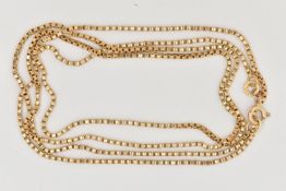 A YELLOW METAL BOX LINK CHAIN, fitted with a spring clasp stamped 375, chain stamped 750, length