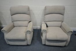 A PAIR OF OATMEAL UPHOLSTERED RISE AND RECLINE ARMCHAIRS (condition report: both PAT pass and
