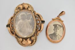 AN EARLY 20TH CENTURY PHOTO PENDANT AND A BROOCH, a yellow metal double sided photo pendant,