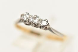 A THREE STONE DIAMOND RING, designed as three brilliant cut diamonds in claw settings, stamped 18ct,