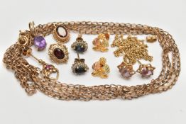 A SELECTION OF JEWELLERY, to include two chain necklaces, three pairs of stud earrings, two single
