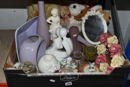 TWO BOXES OF CERAMICS, GLASS, DECORATIVE HOMEWARE AND SOFT TOYS, to include a Beswick preserve pot