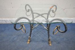 A TUBULAR METAL LAMP TABLE, with a wavy glass top, 66cm squared x height 56cm