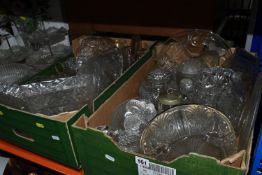 FOUR BOXES AND LOOSE GLASSWARE, to include three milk glass 'Hen on Nest' egg baskets, a stoneware