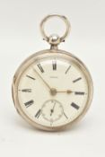 A LATE VICTORIAN SILVER OPEN FACE POCKET WATCH, the white face with black Roman numerals and