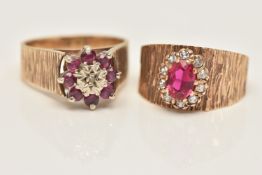 TWO 9CT GOLD GEM SET RINGS, the first an oval cut synthetic ruby and colourless cubic zirconia