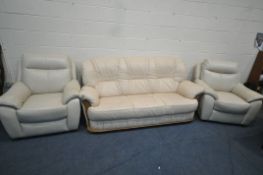 A CREAM LEATHER THREE SEATER SOFA, length 208cm x depth 99cm x height 96cm, along with a pair of