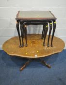 A WALNUT AND MARQUERTY INLAID COFFEE TABLE, along with a mahogany nest of three tables (condition