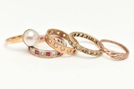 FIVE RINGS AND A RING BOX, to include a yellow metal split pearl ring, stamped 9ct, ring size K, a