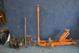 A SELECTION OF AUTOMOTIVE JACKS including an Epco Jack No70 trolley jack, six vintage bottle