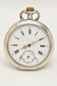 A SWISS SILVER OPEN FACE POCKET WATCH, the white face with black Roman numerals, subsidiary