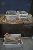 THREE TRAYS CONTAINING TOOLS including two pairs of Record bolt croppers, a Record Stilson, a Wolf