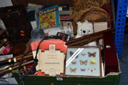 FOUR BOXES OF MISCELLANEOUS SUNDRIES, to include four walking sticks, a pair of brass table lamps