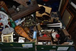 THREE BOXES AND LOOSE METALWARE, WICKER AND SUNDRIES, to include a spelter figure of a Sailor, brass
