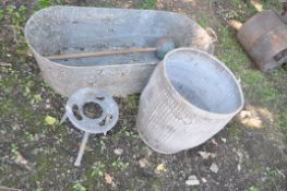VINTAGE GALVANISED ITEMS comprising of a tin bath, a dolly tub and peg and a milking stool (4)