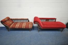 TWO EDWARDIAN MAHOGANY CHAISE LOUNGES, one with plain red upholstery, the other with patterned
