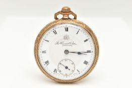 THOMAS RUSSELL & SON OPEN FACE GOLD PLATED POCKET WATCH, the white face with black Roman numerals,