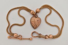 A YELLOW METAL ALBERTINA, a double foxtail link chain, fitted with a heart centre link, fitted