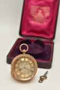 A LATE VICTORIAN 18CT GOLD OPEN FACE POCKET WATCH, key wound movement, round gilt dial with floral