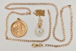 ASSORTED 9CT GOLD AND YELLLOW METAL JEWELLERY, to include a yellow gold flat curb link chain