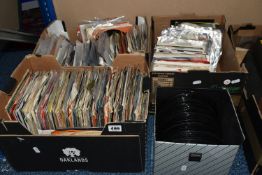 FOUR BOXES OF 45 R.P.M SINGLE RECORDS, to include, 60, 70, and 80's pop, rock, and easy listening,