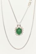A WHITE METAL EMERALD AND DIAMOND PENDANT WITH AND 18CT WHITE GOLD CHAIN, the oval cluster pendant