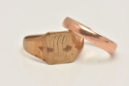TWO 9CT GOLD RINGS, the first a signet ring with monogram engraving, hallmarked 9ct Birmingham, ring