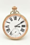 AN OPEN FACE POCKET WATCH, the white face with black Roman numerals and subsidiary seconds dial,