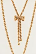 A 9CT GOLD CHAIN, rope twist chain with bow and tassel detail, fitted with a lobster clasp,