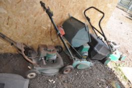 THREE PETROL LAWN MOWERS (spares or repairs) including a QUALCAST mower ( body rusted through) all
