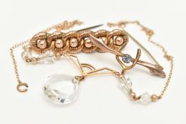 A SMALL ASSORTMENT OF JEWELLERY, to include a yellow metal bar brooch, unmarked, approximate gross