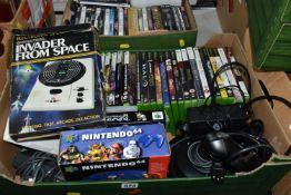 A BOX OF NINTENDO AND XBOX VIDEO GAMES, includes a Grandstand Invaders From Space electronic game,