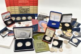 A BOX CONTAINING MAINLY UK COINS, to include Scouts Silver Proof 2007 Fifty Pence with box and