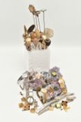 A SMALL BOX OF ITEMS, to include three amethyst crystal specimens, a variety of hat pins, ladies