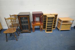 AN OAK LEAD GLAZED MEDIA CABINET, width 52cm x depth 48cm x height 98cm, a rolling cabinet, a set of