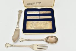 THE BRISTISH HALLMARK ASSAY OFFICE SPECIMEN SET AND THREE PIECES OF SILVER CUTLERY, cased set