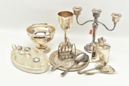 A BOX OF SILVER AND SILVER PLATE, the silver comprises an Elizabeth II three light candelabrum, on a